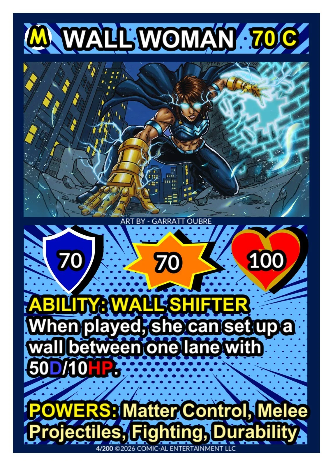 Wall Woman card from COMIC-AL, a funny superhero card game. A heroine charges lightning between her hands in a dark cityscape, with 70 shield, 70 attack, 100 health and her Wall Shifter ability.