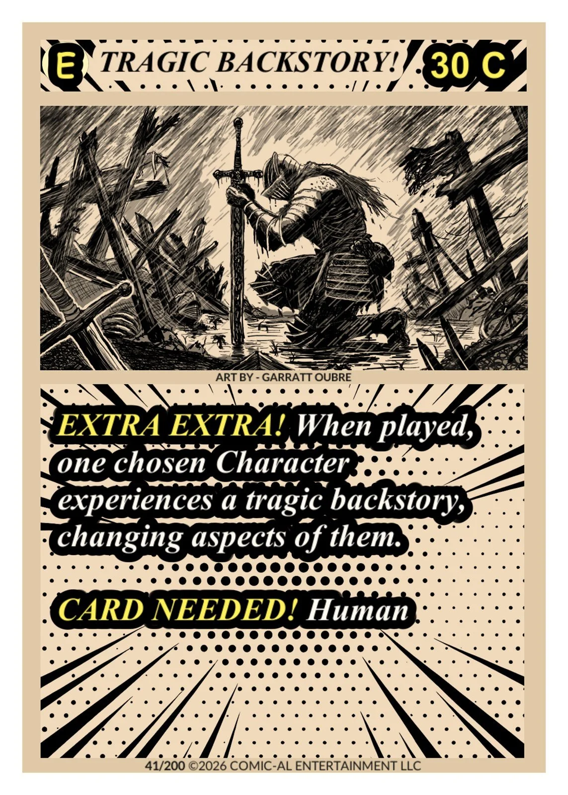 Comic book style illustration of a knight kneeling in rain with a sword at their side surrounded by weapons, with promotional text about a card game, credit to Garratt Oubre, and details about the need for human players to experience a tragic backsto