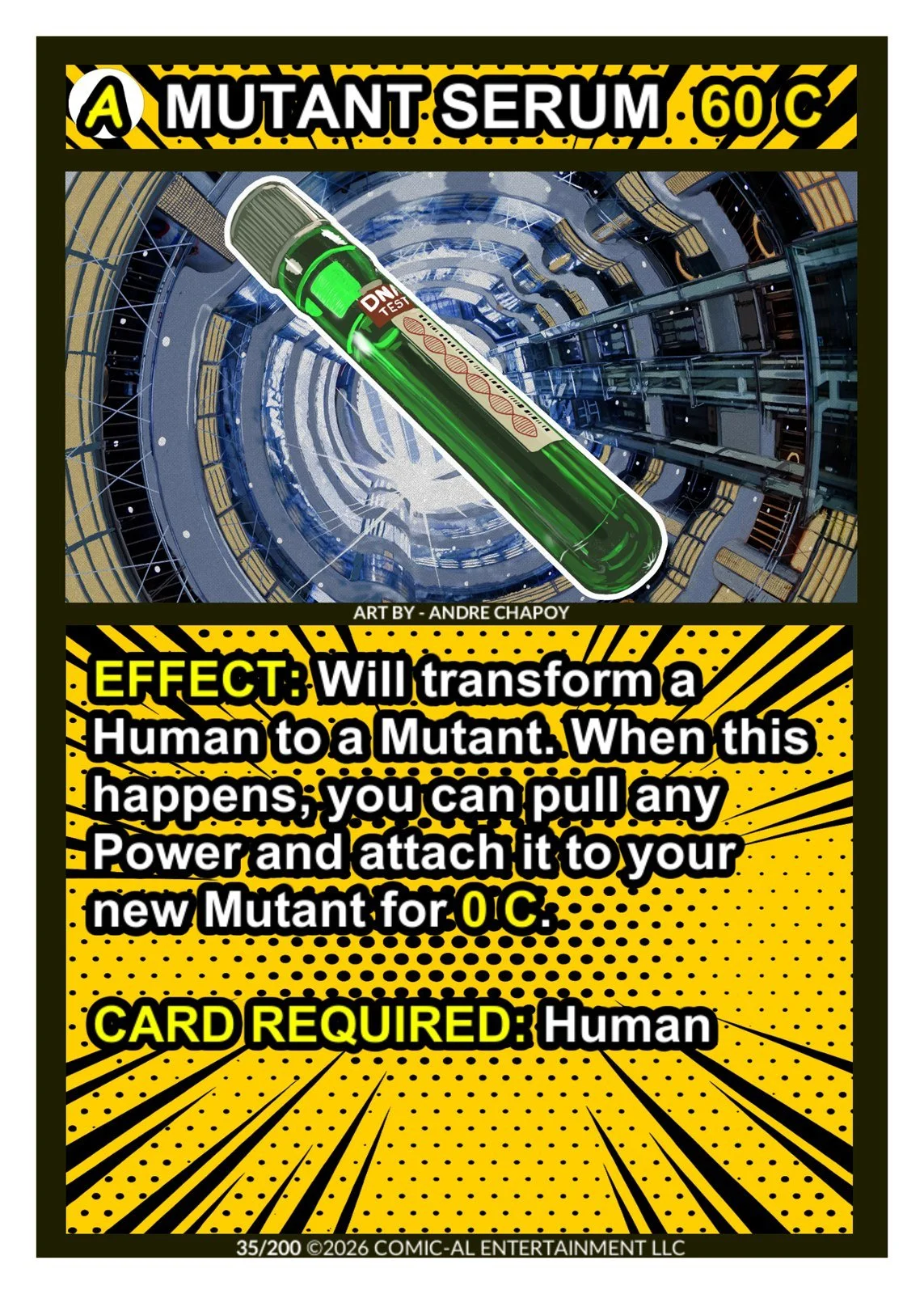Mutant Serum asset card from COMIC-AL, a funny superhero card game. A green DNA test tube labelled DNA Test floats in a laboratory. Transforms a Human into a Mutant, requires a Human card.
