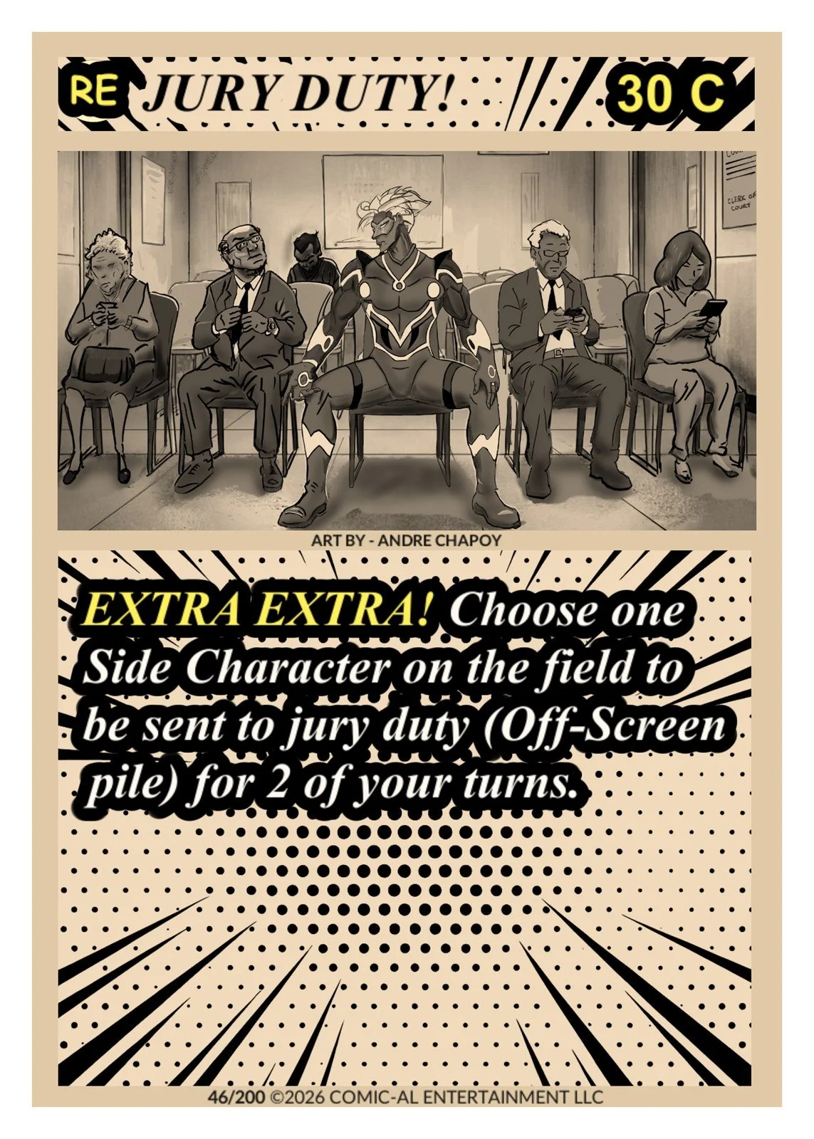 A comic-style illustration of people seated in a courtroom, with a central character in a superhero costume, and an announcement for a jury duty side character selection at 30C, created by Andre Chapoy.