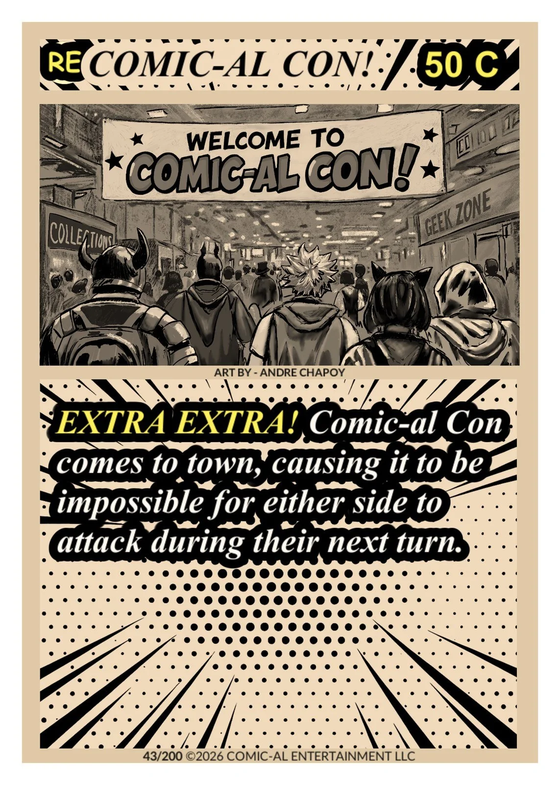 Comic book style announcement about a new comic book convention, featuring an illustration of attendees walking into a venue with banners that read 'Welcome to Comic-Al Con!' and signs for 'Collections' and 'Geek Zone', with text highlighting a speci
