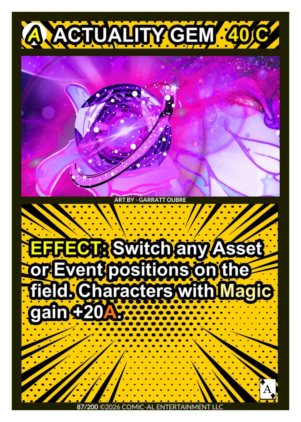 Comic-style instructional card for a game, featuring a vibrant, cosmic purple background with a planet and sparkles. Text states: "EFFECT: Switch any Asset or Event positions on the field. Characters with Magic gain +20 A." The card is numbered 87/20