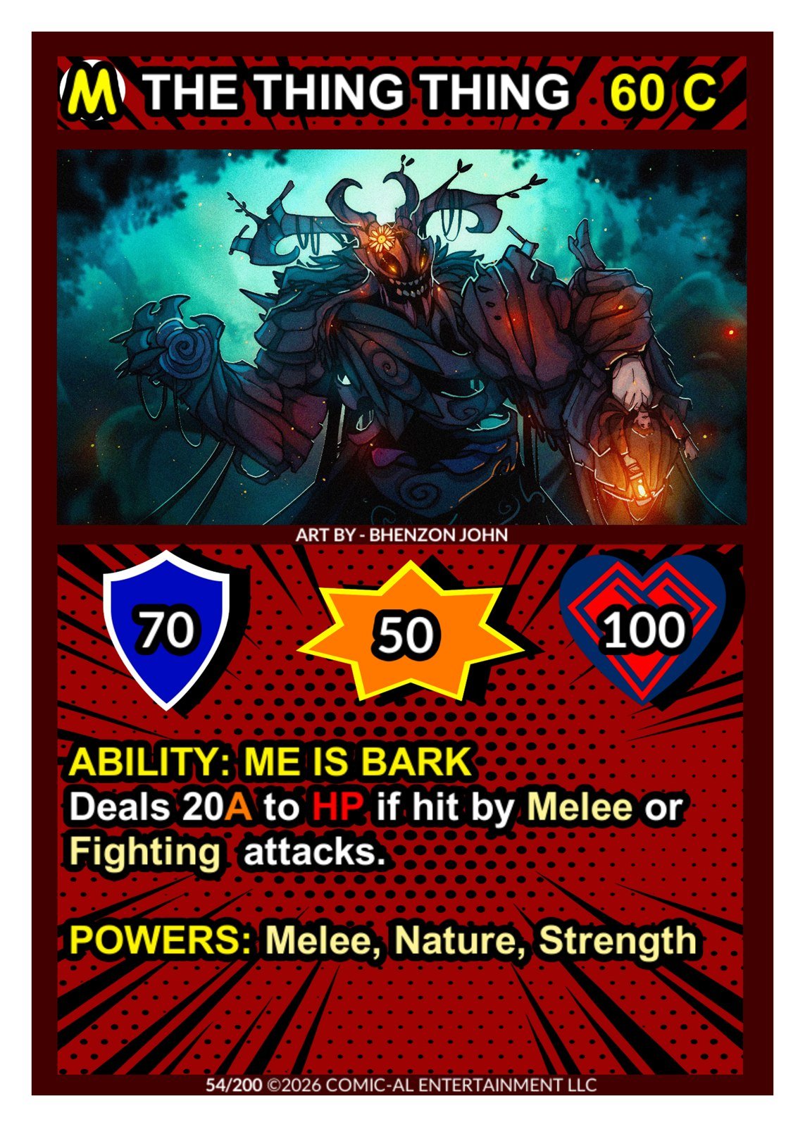 A character card for the creature Me Bark from the game 'The Thing.' The card features an illustration of a monstrous, armored, dark creature with glowing red eyes and horns, holding a weapon. The top of the card has the title 'The Thing' with a red 