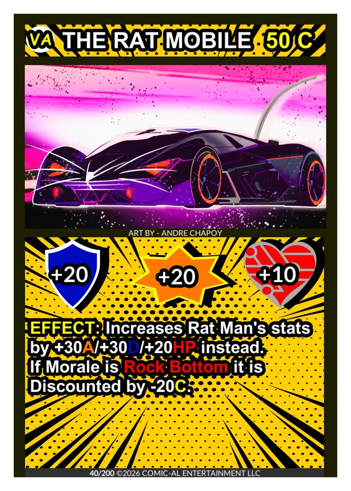 A comic-style card features a black and purple futuristic race car in a neon pink background, with game stats and effects for a rat character, including +20 shield, +20 attack, and +10 heart, and a special effect increasing stats by +30, +30, and +20