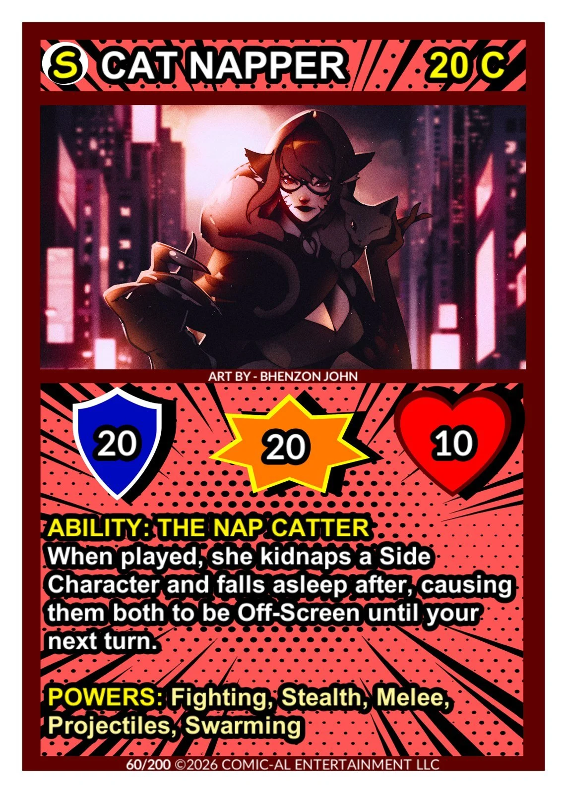 A character with cat ears and glasses, surrounded by a large cat, in a cityscape background with tall buildings. The card features a red and black comic-style design with game statistics.