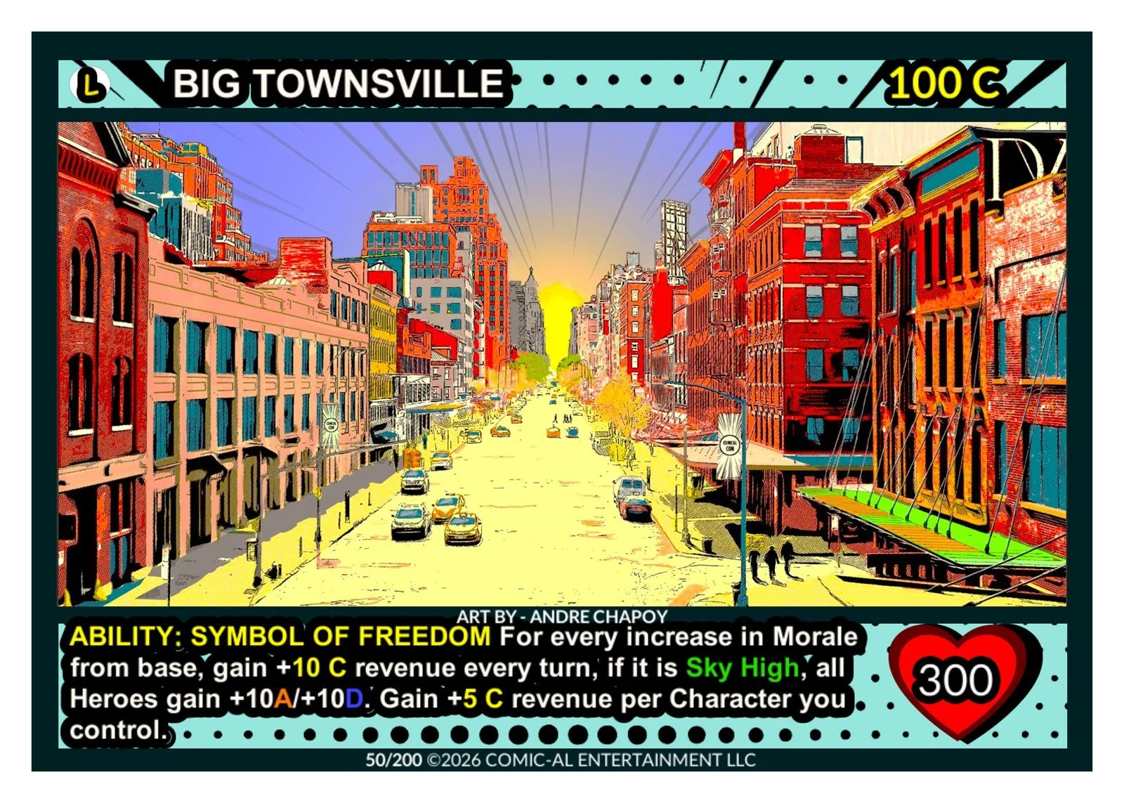A colorful comic-style illustration of a city street at sunset with tall buildings, cars, and pedestrians.