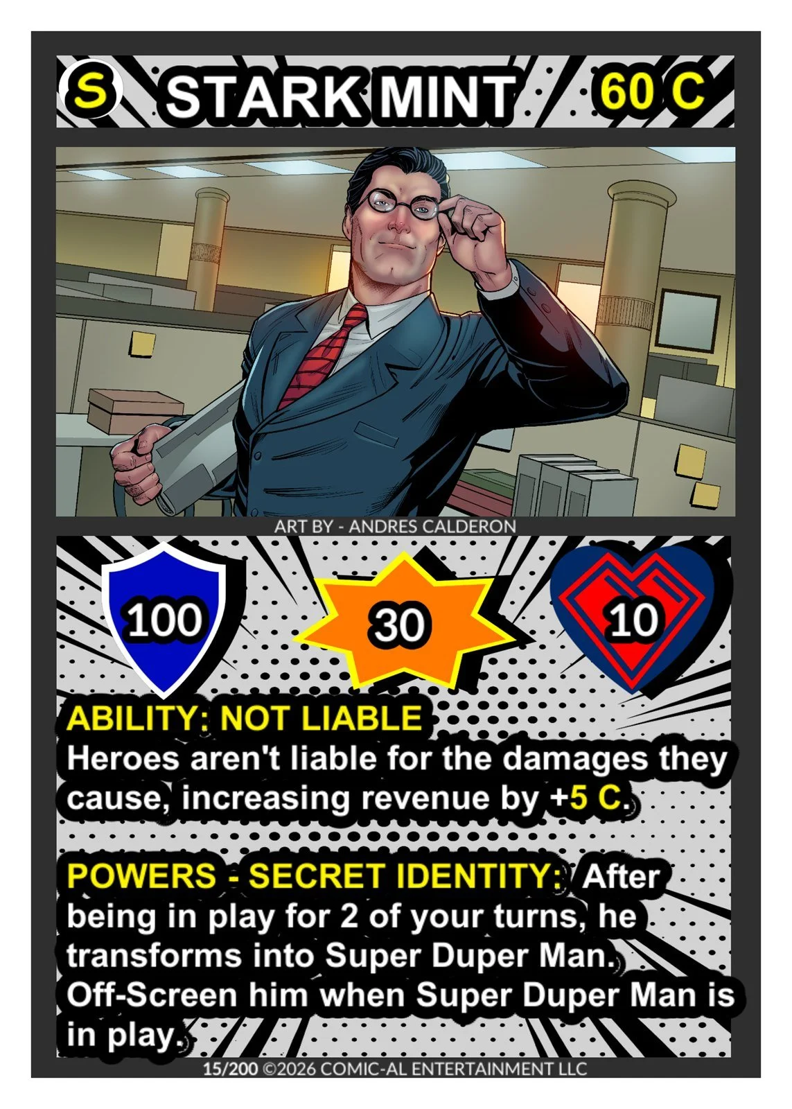 Stark Mint card from COMIC-AL, a funny superhero card game. A bespectacled reporter in a business suit holds a rolled-up document in an office, with 100 shield, 30 attack, 10 health and his Secret Identity ability.