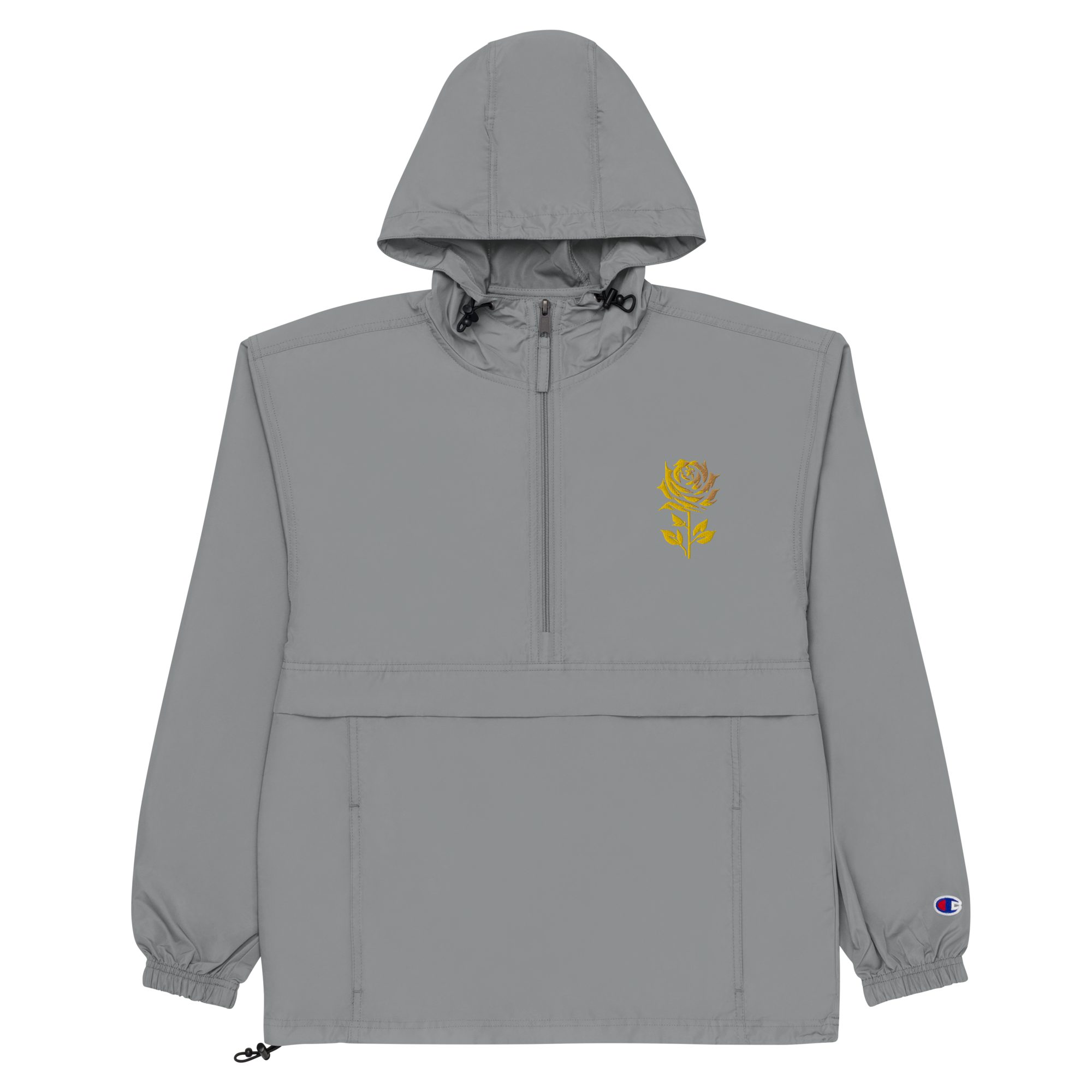 Light gray hoodie jacket with a front zip, drawstrings, and a gold embroidery of a rose with the word "LOVE" on the left chest, and a small Champion logo on the left sleeve cuff.