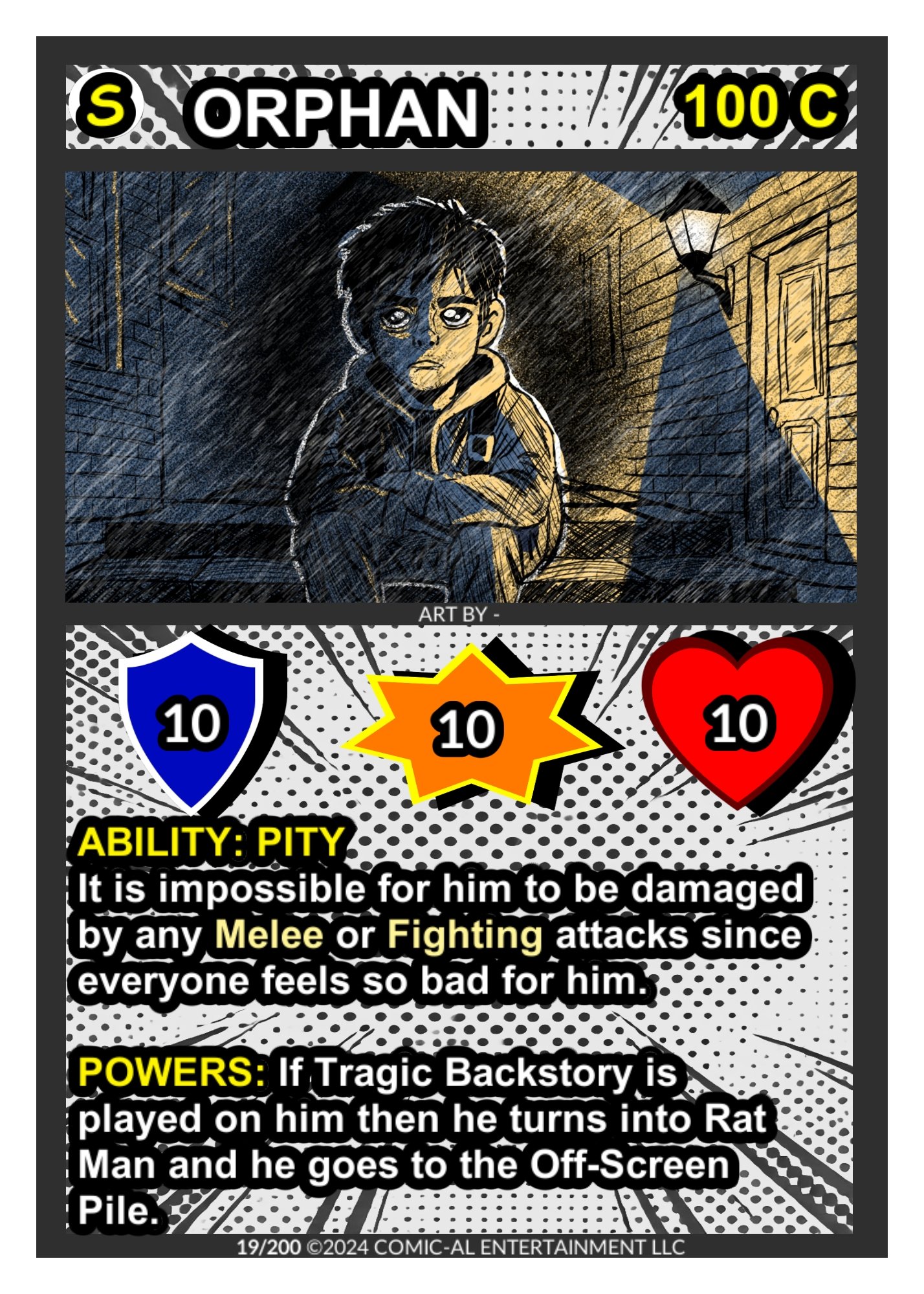 Comic-style character card featuring a boy with crossed arms, dark background with a streetlamp, and game elements like health and power icons. The card includes abilities and powers description.
