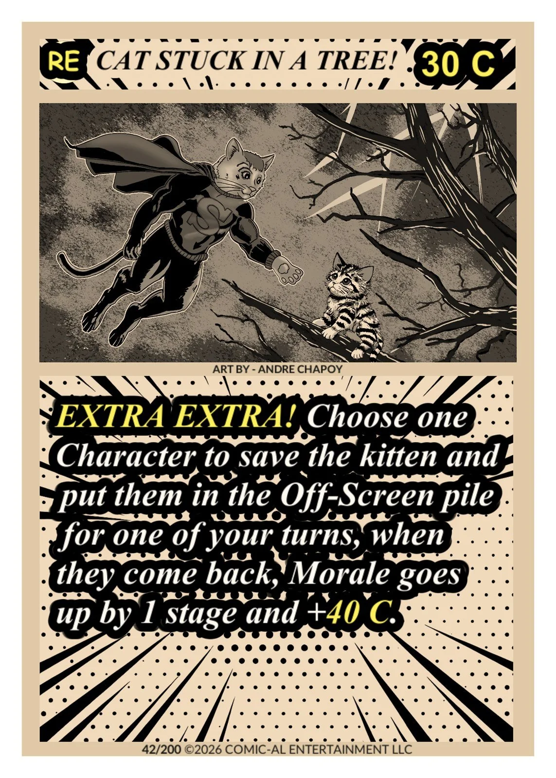 Comic-style illustration of a cat dressed as a superhero with a cape, flying towards a kitten in a tree against a dark, stormy background. Text describing an activity involving saving the kitten and placing it in an off-screen pile, with instructions