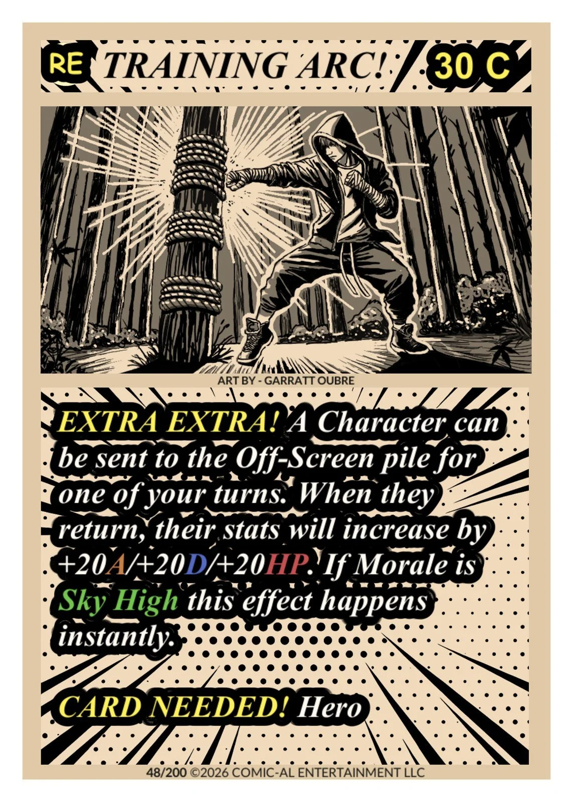 A comic-style card featuring a martial artist in a hoodie punching a vertical wooden post wrapped in rope in a forest. The card promotes a special game feature needing a card, with vibrant text about increasing stats with in-game effects and speed of