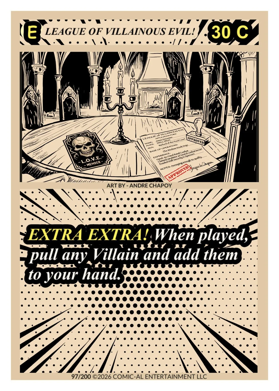 Black and white comic-style illustration of a villain's lair with a round table, candles, and a fireplace. There is a villain membership card on the table with a skull and crossbones logo, a document with an approved stamp, and a sign to pull villain