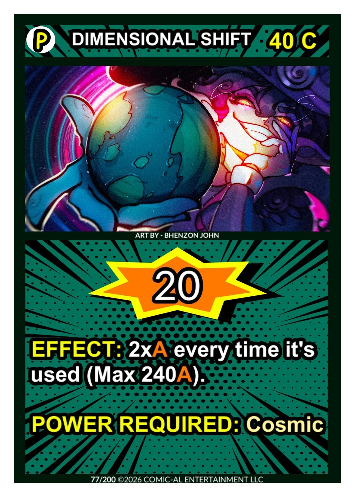 A colorful comic-style illustration of a character with dark hair, yellow eyes, and a mischievous smile, holding the Earth in one hand. The character faces right and the background features vibrant, swirling colors.