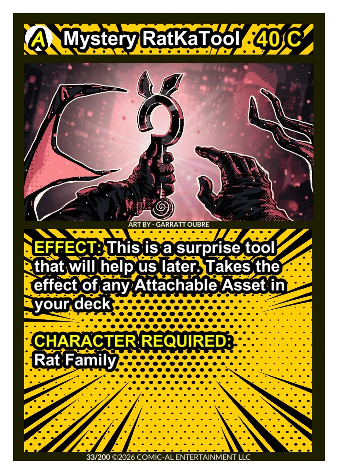 A comic-style illustration of a hand holding a mysterious tool called a 'Surprise Tool.' The tool appears to be a circular object with bunny ears, held by a hand with a background of digital dots. Below, a yellow and black comic strip banner explains