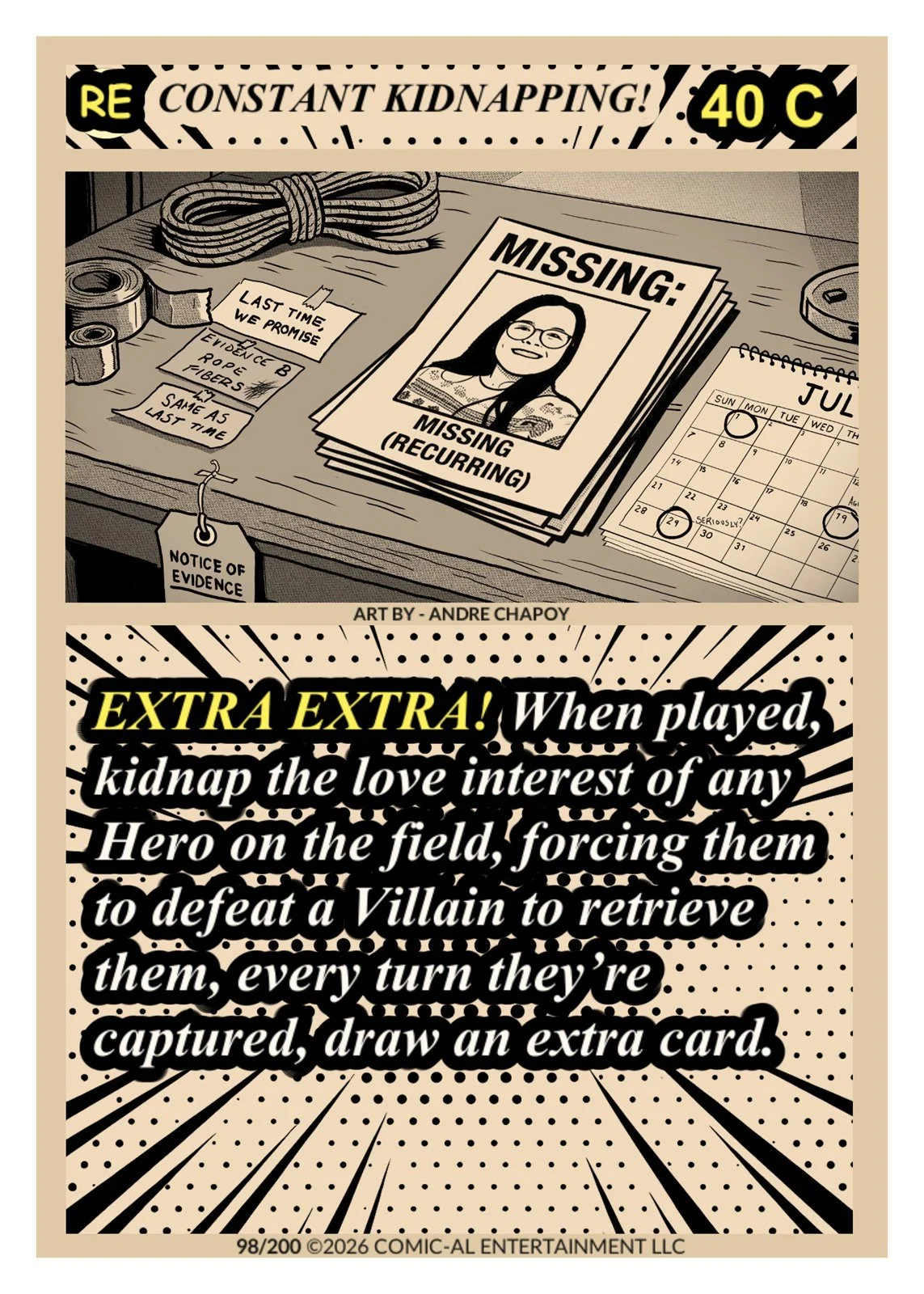 Comic-style illustration depicting a desk with a missing person flyer, police evidence tags, a calendar for July with dates marked, ropes, and packing material. The bottom section contains a humorous comic text about kidnapping love interests.