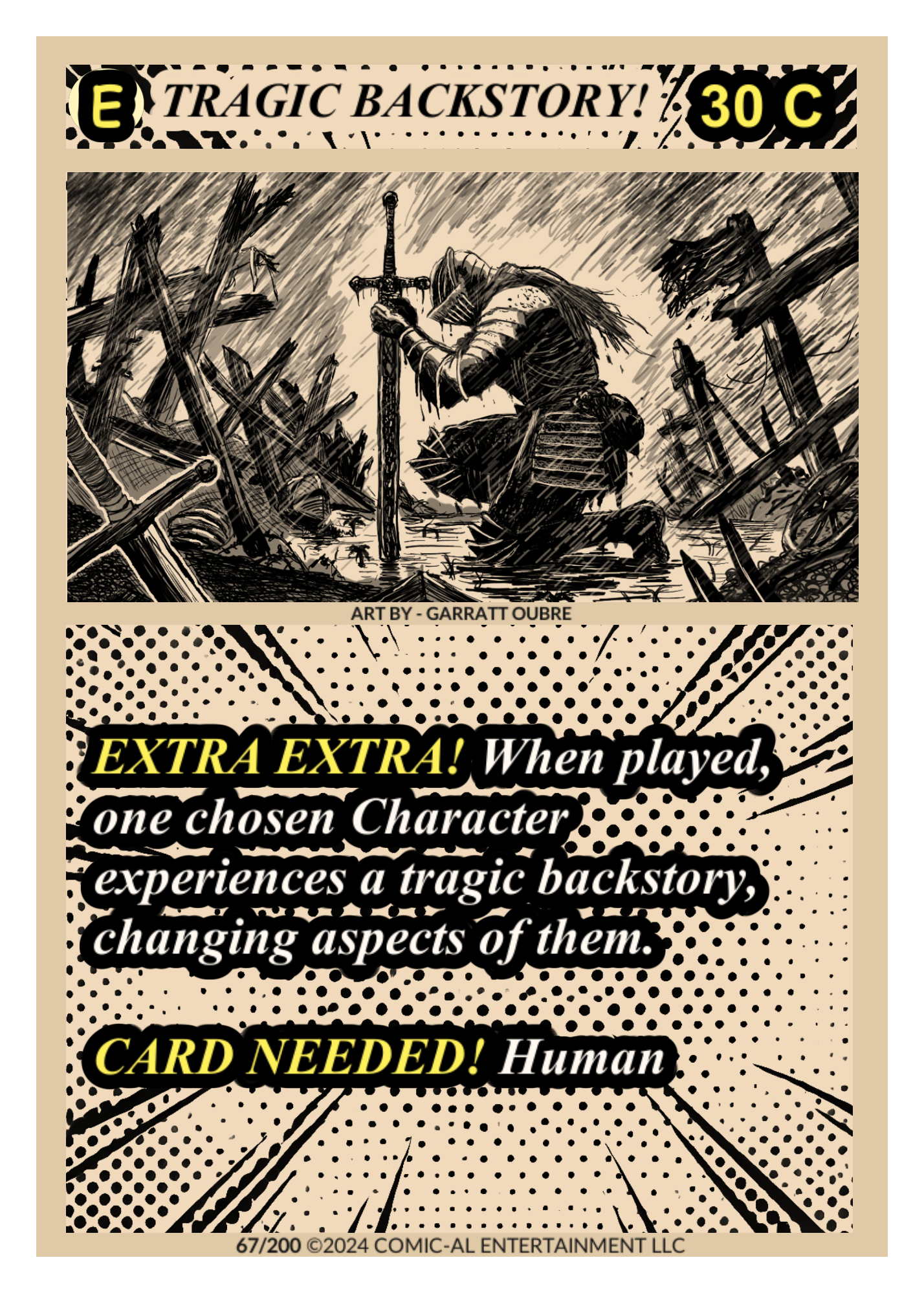 Comic book style illustration of a knight kneeling with sword in front of a destroyed battlefield, rain pouring down, dark and dramatic scene