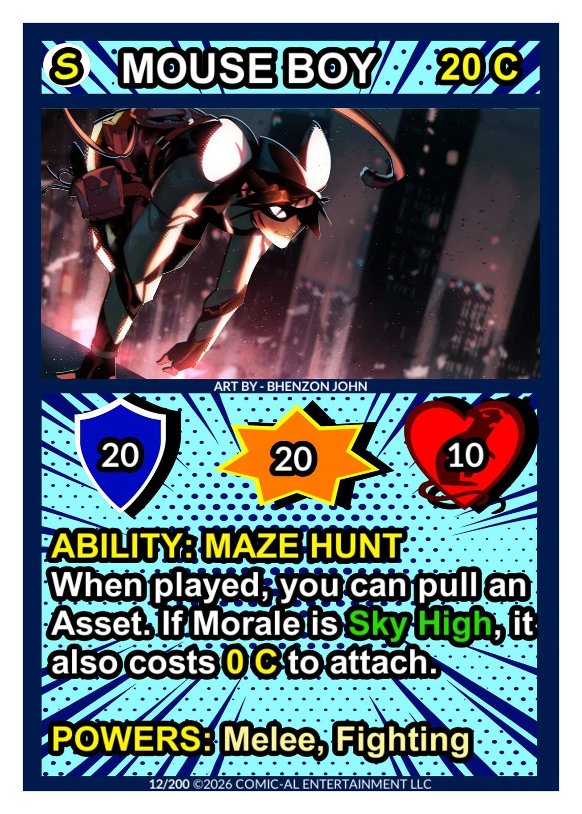 A trading card for the character Mouse Boy 20C featuring a dark cityscape background, a cartoon mouse character in a superhero pose, and symbols representing shields and hearts with numbers indicating stats. The card highlights ability as Maze Hunt, 