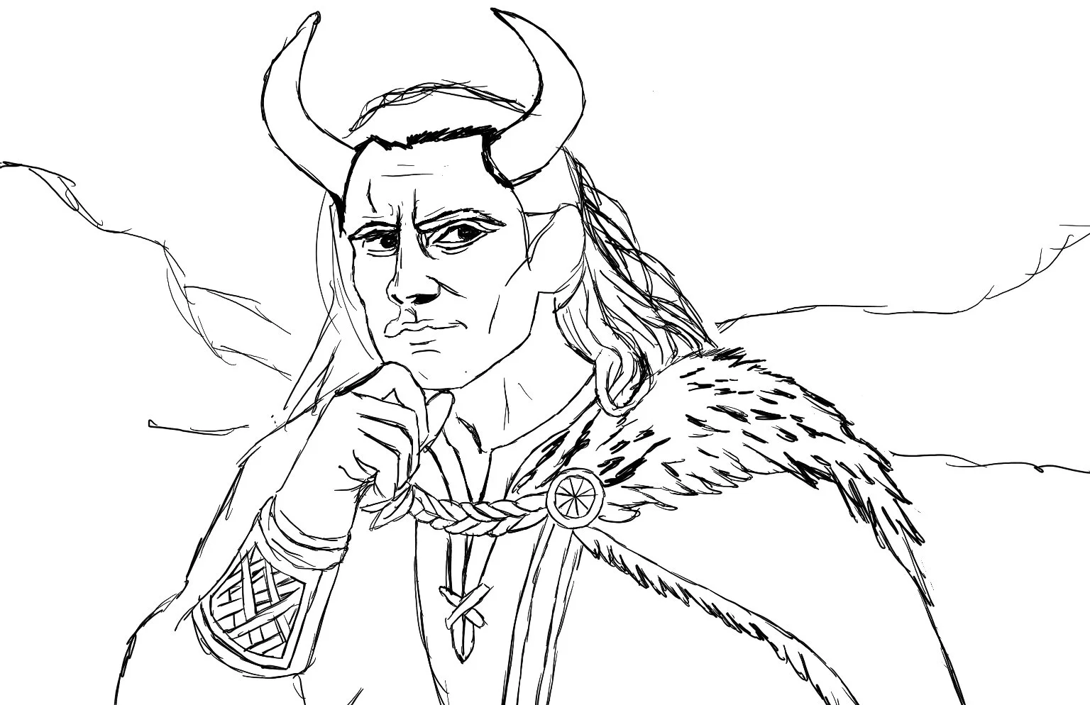 Black and white sketch of a person dressed as a Viking with horns on their head, long hair, a fur cloak, and a confident expression, with a hand on their chin.