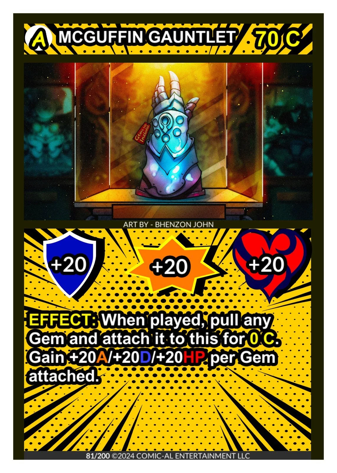 A comic-style game card titled 'McGuffin Gauntlet' featuring a mystical blue hand with glowing runes and a tag that reads 'Gears of the Afterlife'. The card has a '+'20' shield, a '+'20' star, and a heart with a '+20' value, with effect text explaini