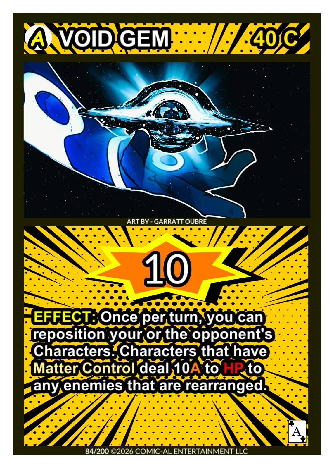 A comic-style trading card features a space-themed illustration of a spaceship with a blue hand beneath it. The card is labeled 'VOID GEM' with a heat value of 40°C. It has a large orange number 10 in the center and an effect description: 'Once per t