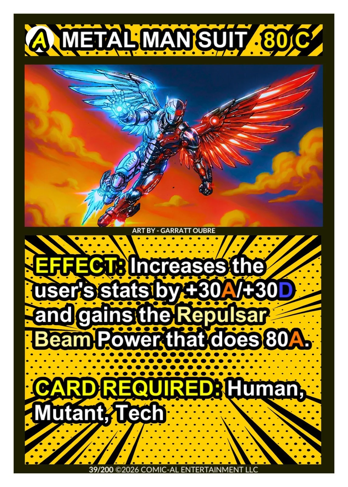 A comic-style trading card featuring a robotic character with angelic wings, one glowing blue and the other red, flying in a colorful sky. The card is titled "A Metal Man Suit 80C" and includes game stats and effects in yellow and black pop-art style
