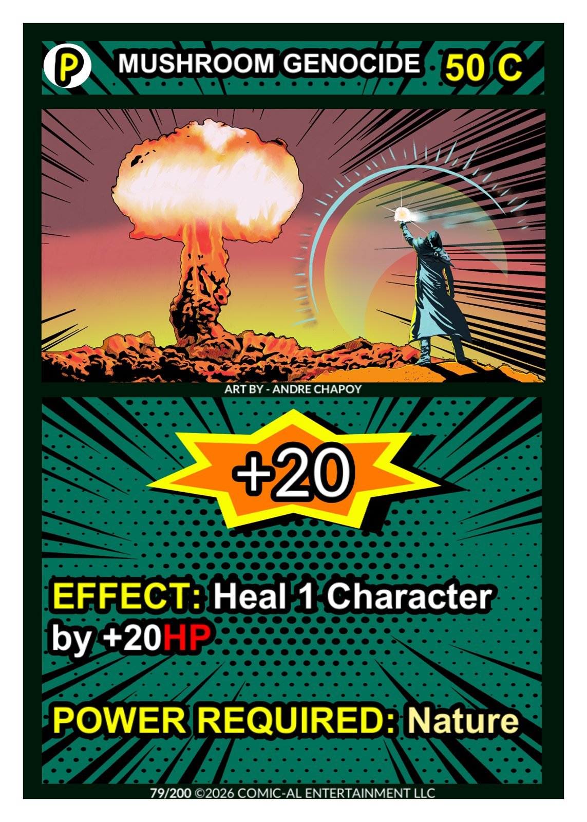Comic-style illustration of a person in a long coat holding a glowing orb, facing a large mushroom cloud explosion with orange and white colors, labeled as "Mushroom Genocide 50 C." Text below indicates a game effect, healing a character by 20 HP wit
