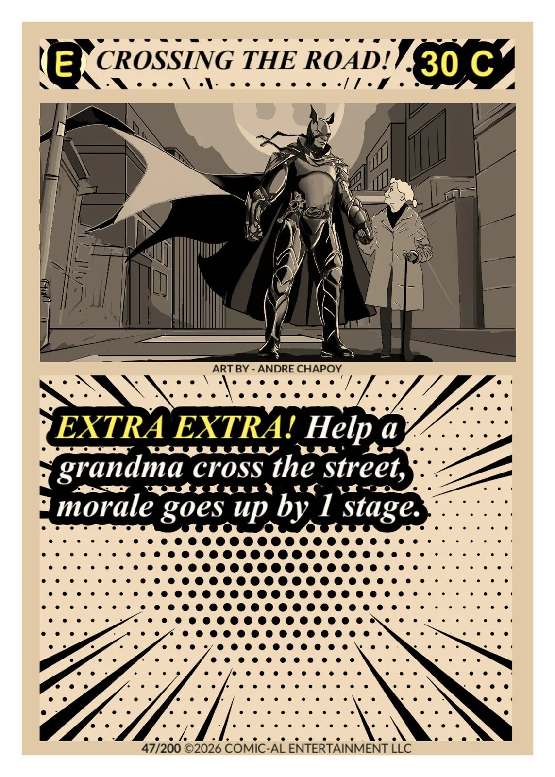 Crossing the Road event card from COMIC-AL, a funny superhero card game. A caped, armoured hero helps a woman across a city street at night under a full moon. Helping a grandma cross the street raises morale by one stage.