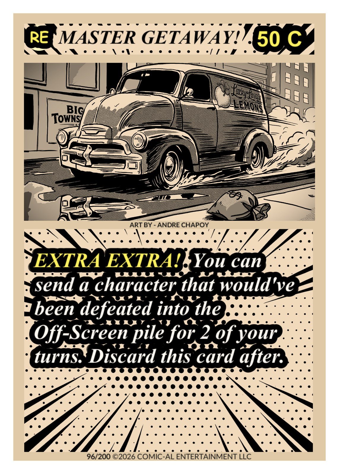 A black and white comic-style illustration of a vintage car speeding on a city street with smoke behind it, advertising lemon candies on the side of the car. Below, a promotional message offers to send a character in a card for off-screen piles in ex
