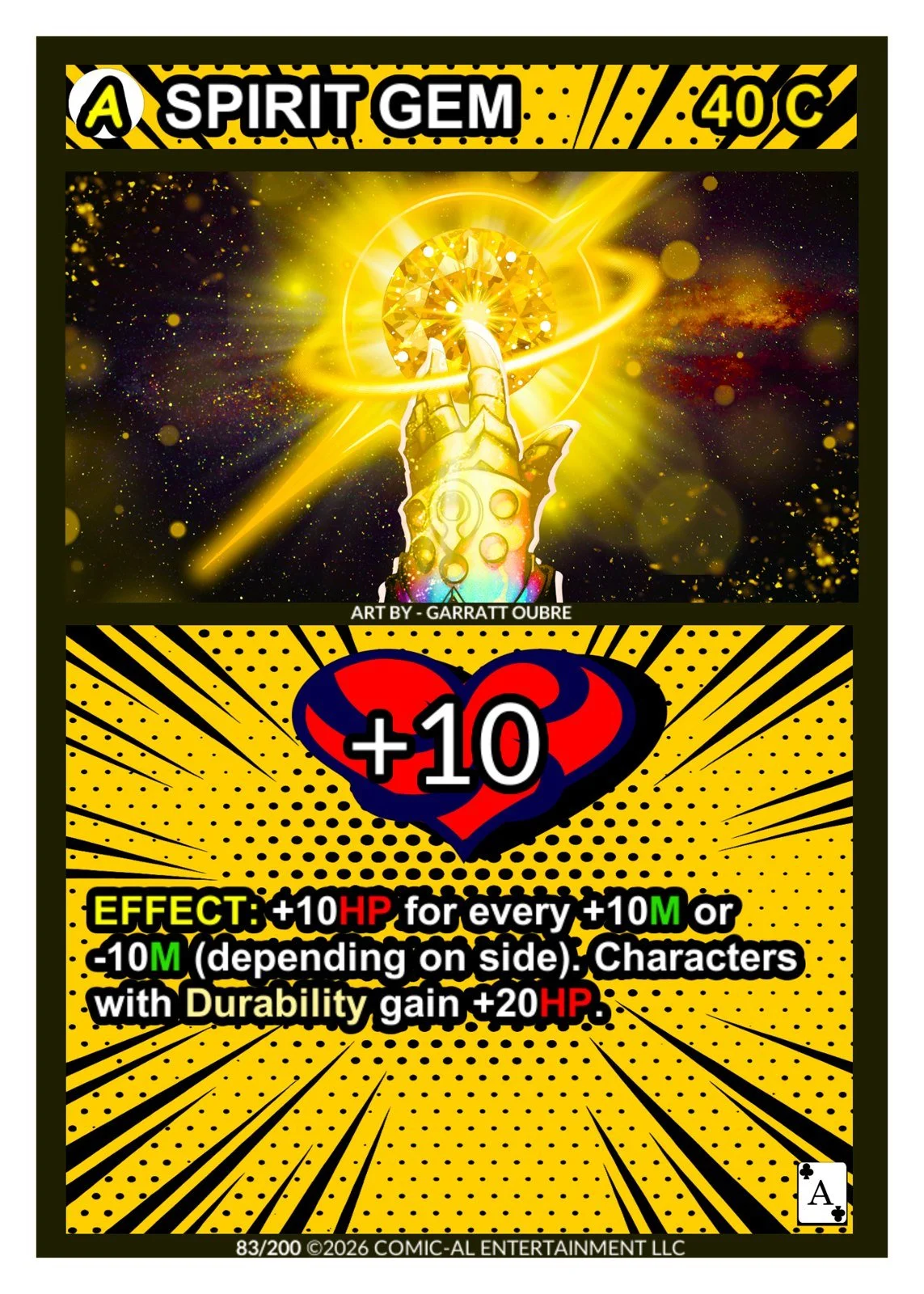 A comic book-style illustration of a robotic hand holding a glowing yellow gemstone against a space backdrop, with bold yellow and black borders, and a heart symbol with +10 in the lower section, plus effect text describing game mechanics.