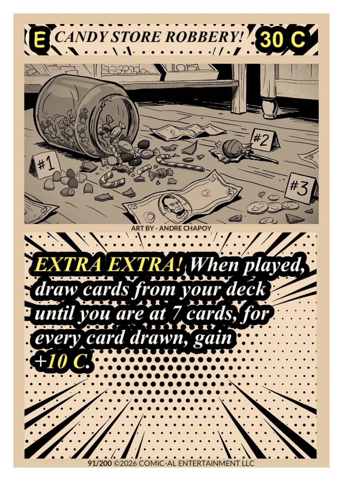 Illustration of a spilled candy jar, playing cards, and coins on a table with numbered evidence markers, with a comic-style caption about a candy store robbery and a bonus rule for drawing cards in a game.