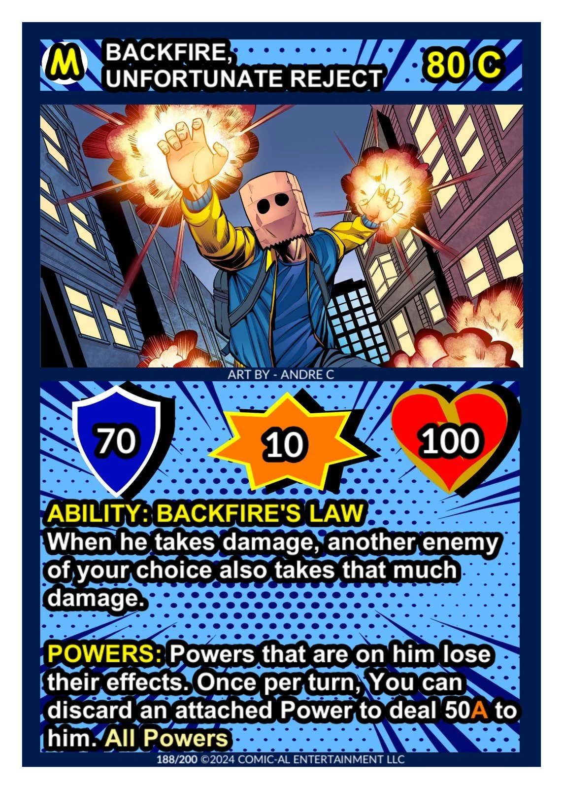 Comic style character with a paper bag mask, wearing a blue jacket and yellow shirt, shooting fireballs in a city street with tall buildings, flames, and smoke around him. Includes game stats and abilities.