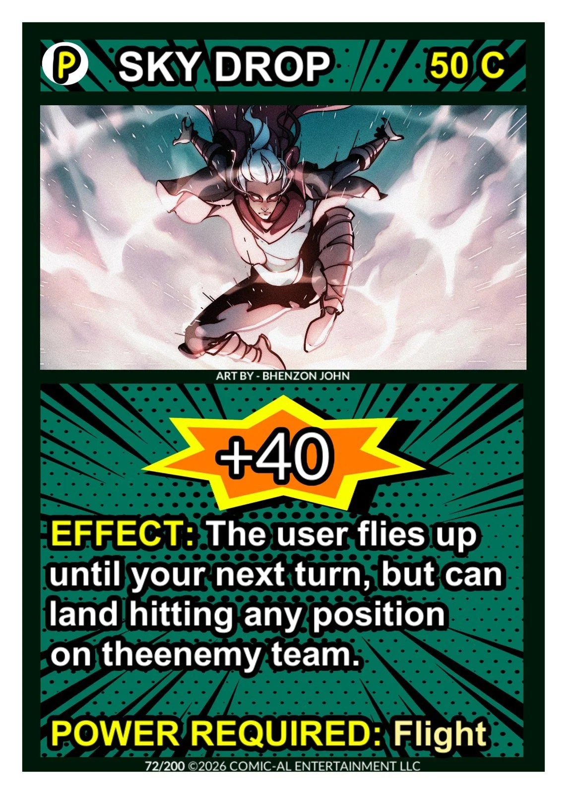 A comic-style trading card titled 'Sky Drop', depicting a character flying through the sky with effects of wind and speed, illustrated by an artist named Bhenzon John. The card shows a power increase of +40 and an effect where the user flies up until