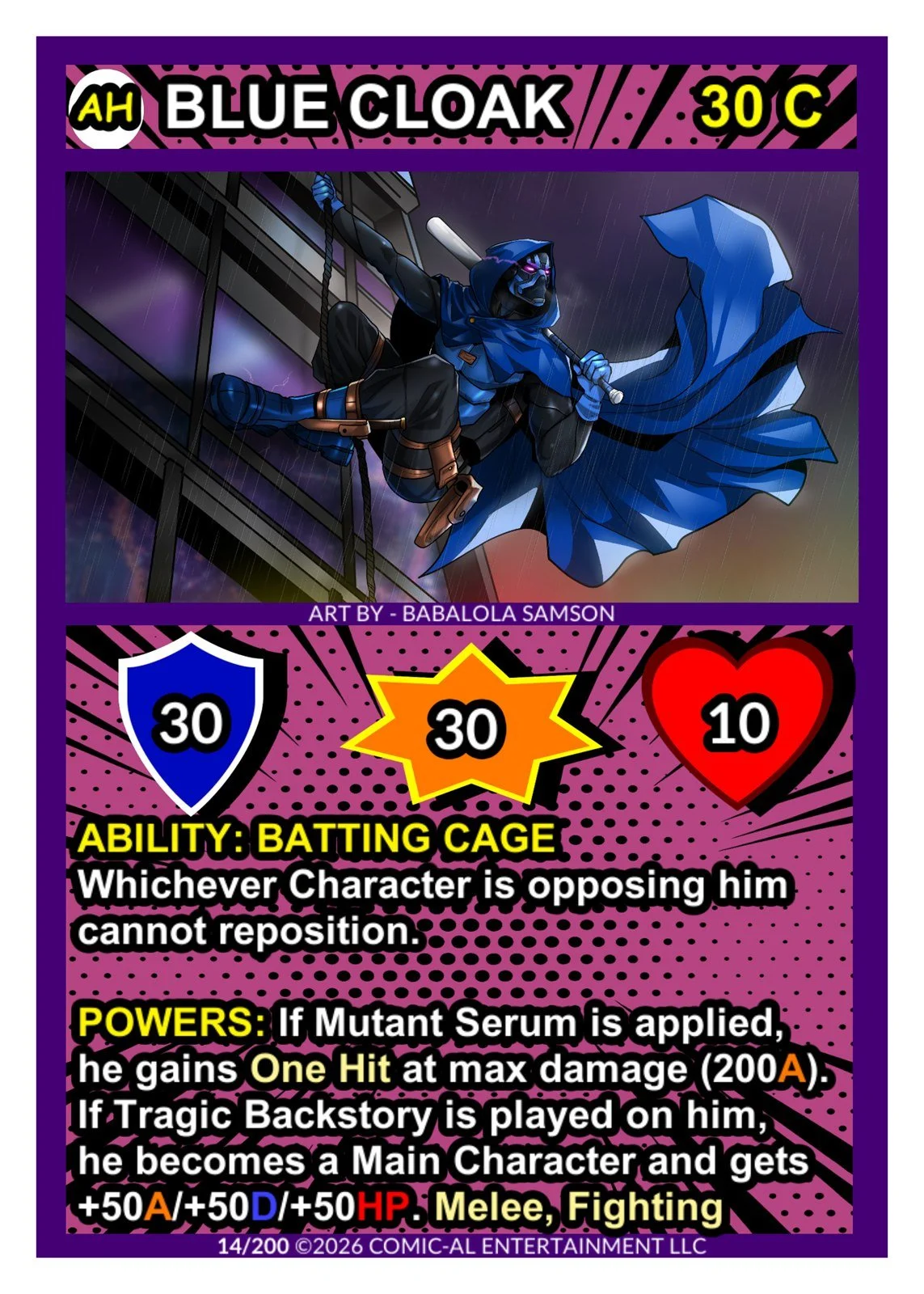 Blue Cloak card from COMIC-AL, a funny superhero card game. A masked hero in a blue cloak swings on a rope through a rainstorm, with 30 shield, 30 attack, 10 health and his Batting Cage ability.