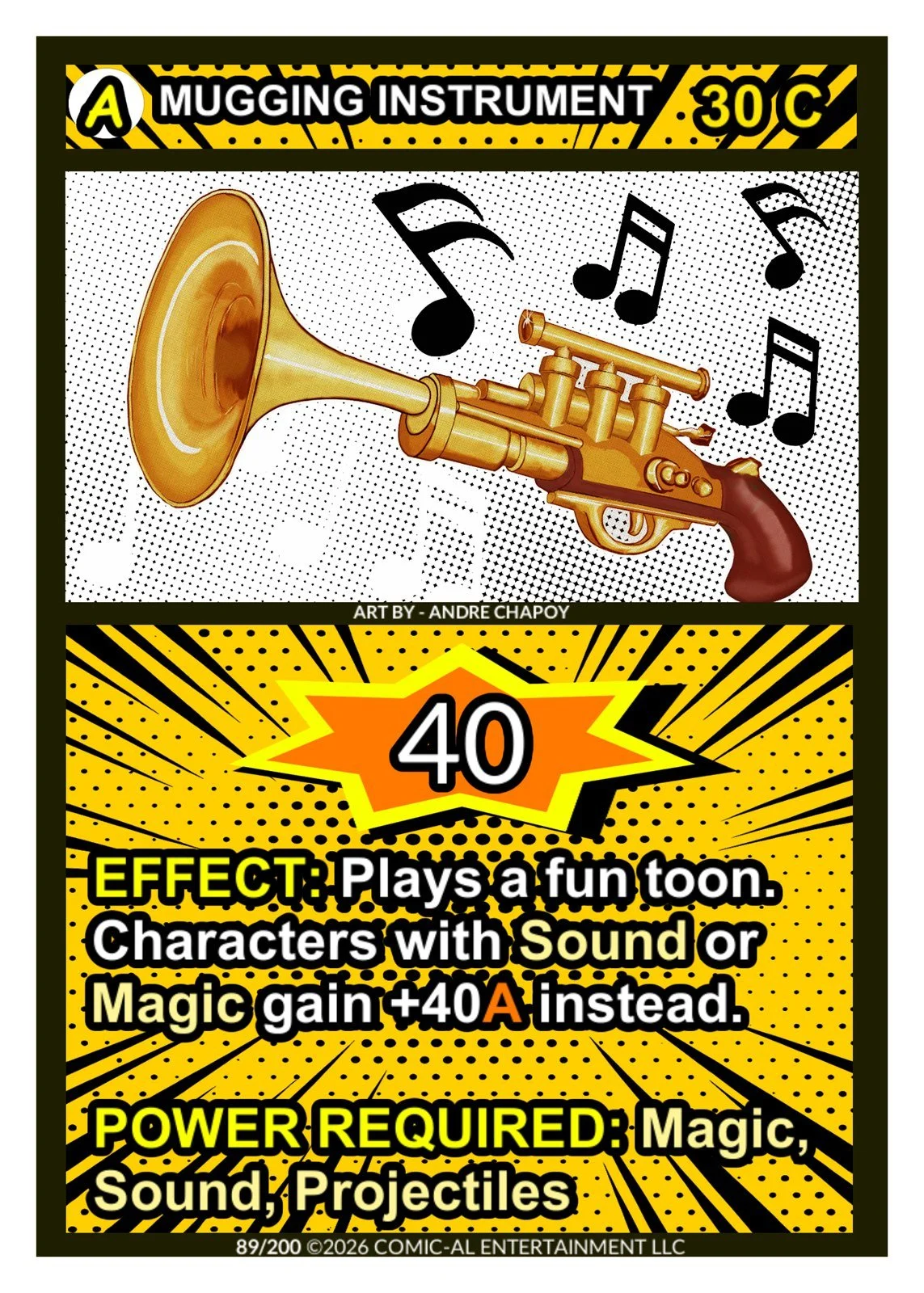 A comic-style card titled "MUGGING INSTRUMENT" featuring a trumpet with musical notes around it. The card displays a value of 40, with effects of playing a cartoonish sound or magic instead of gaining magic points. The card requires the power of magi