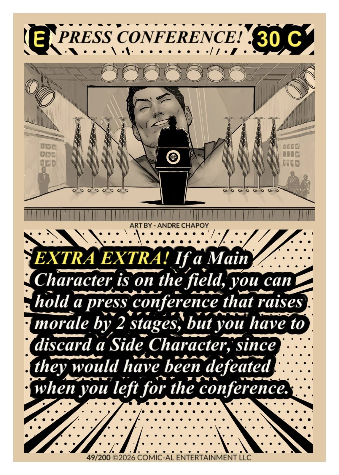 A comic-style announcement for a press conference featuring a stage with flags and a large screen showing a man's face in the background. The text explains a humorous rule for holding a press conference involving characters and side characters.
