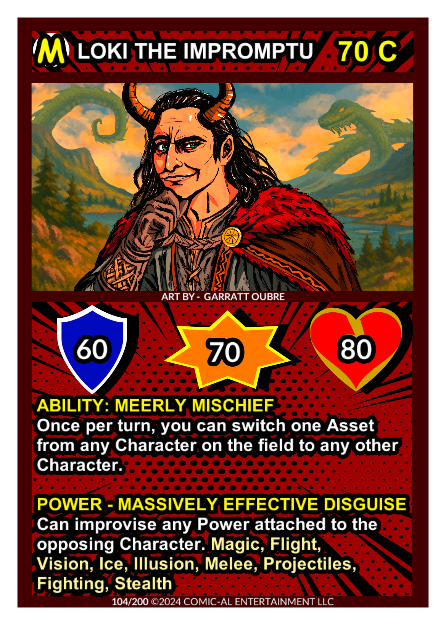 A comic-style character with horns, wearing a red cloak, winking, with a background of a lake and mountains. The image includes game stats and descriptions for a character named Loki the Impmptu.