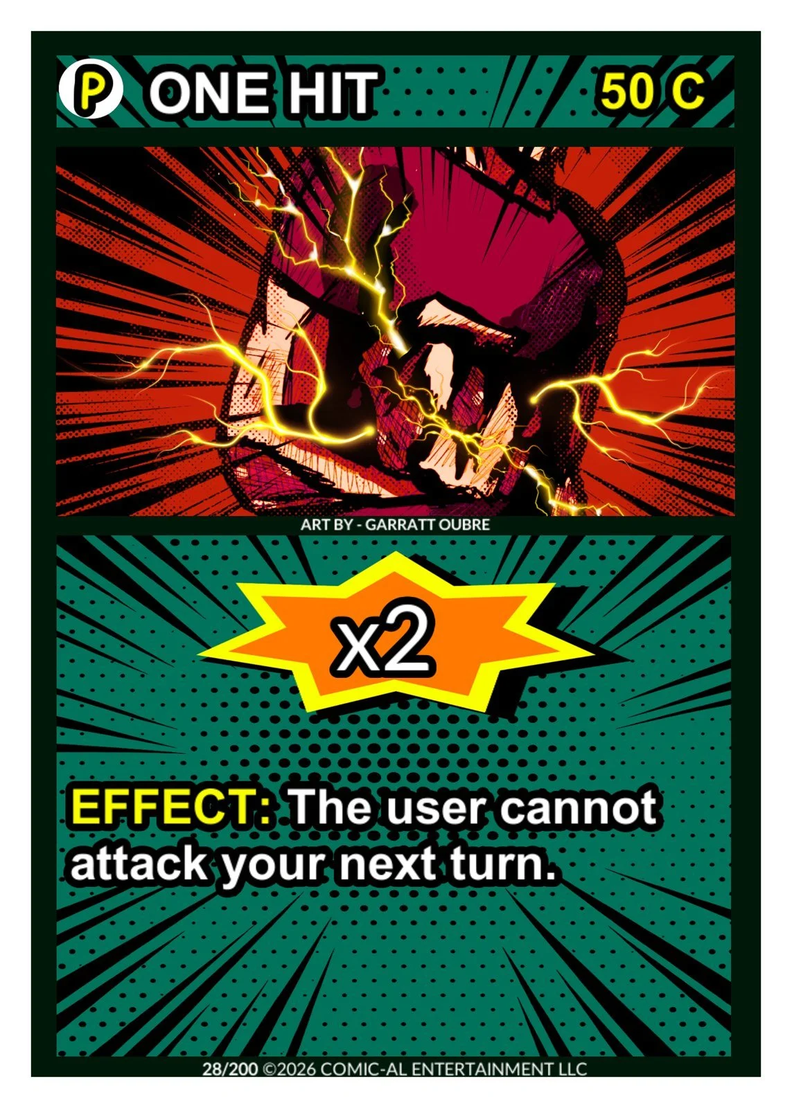 One Hit power card from COMIC-AL, a funny superhero card game. A figure wreathed in lightning against an explosion. Double damage, but the user cannot attack on their next turn.