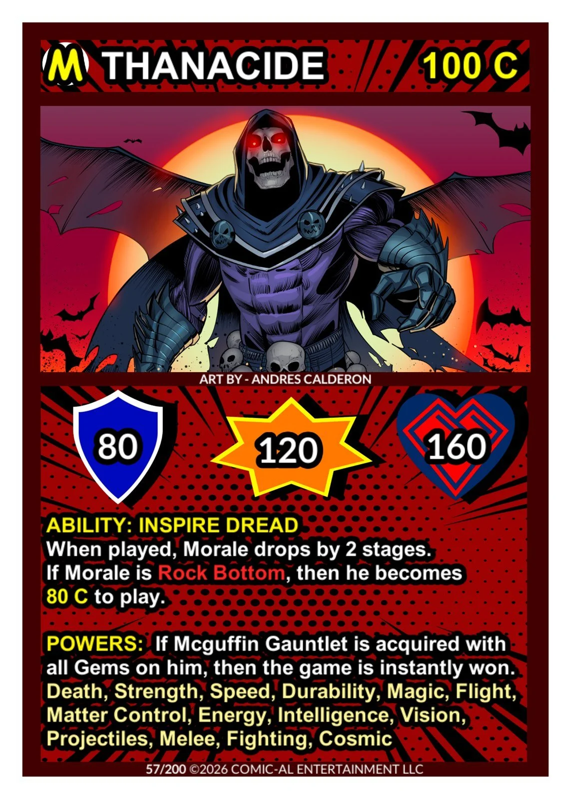 A comic-style card featuring a dark skeleton demon with red eyes, bat wings, and skull armor. The card has stats: Attack 80, Defense 120, and Heart 160. It includes abilities: Inspire Dread, which lowers morale and can turn into Rock Bottom for addit