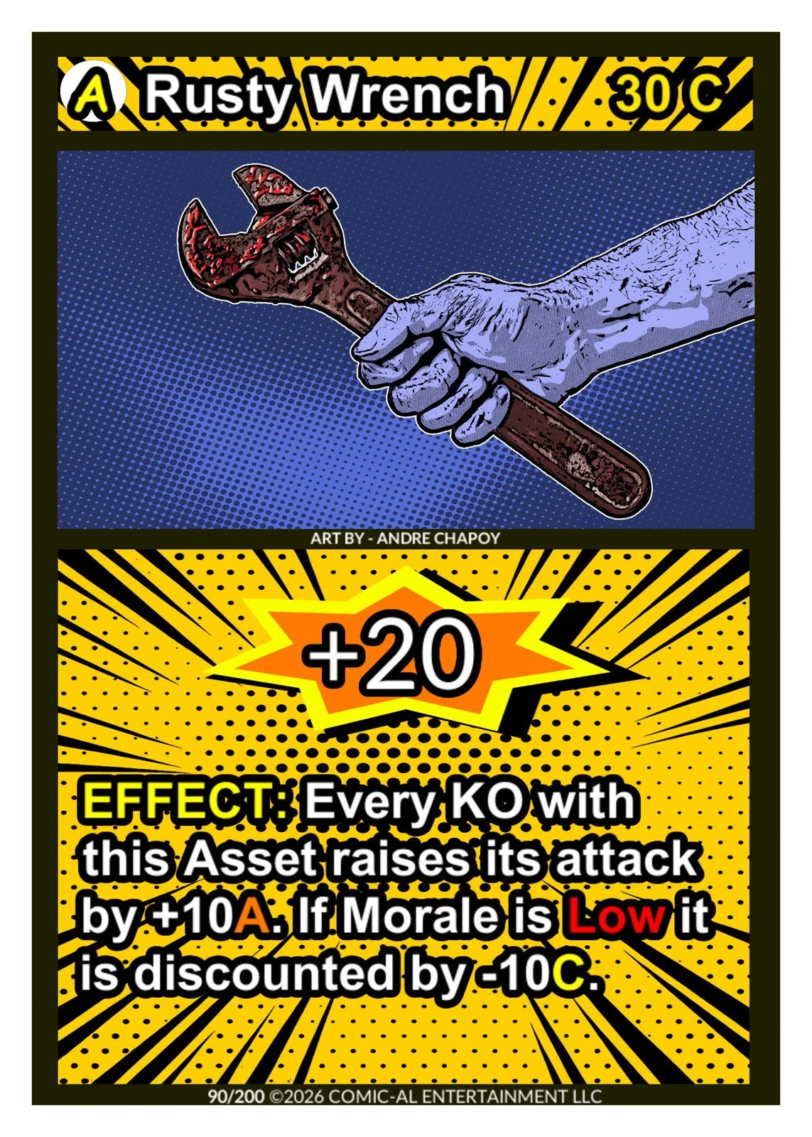 A comic-style trading card featuring a rusty wrench with red rust on a blue dotted background. The card is titled 'Rusty Wrench' with a cost of 30C. It has a special effect: every knockout (KO) with this asset increases attack by 10A, and if morale i