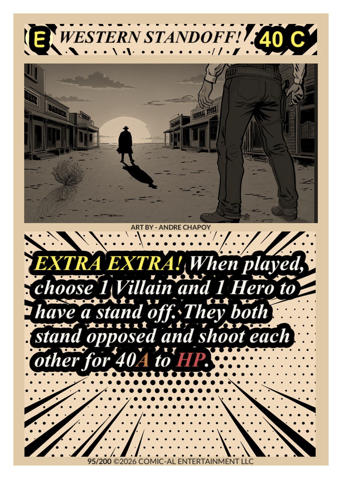 A vintage comic-style illustration of a Western town at sunset with two cowboys facing each other in a standoff. One cowboy is far away, standing in the center of the street, while the other is close up, holding a gun. The scene includes old storefro