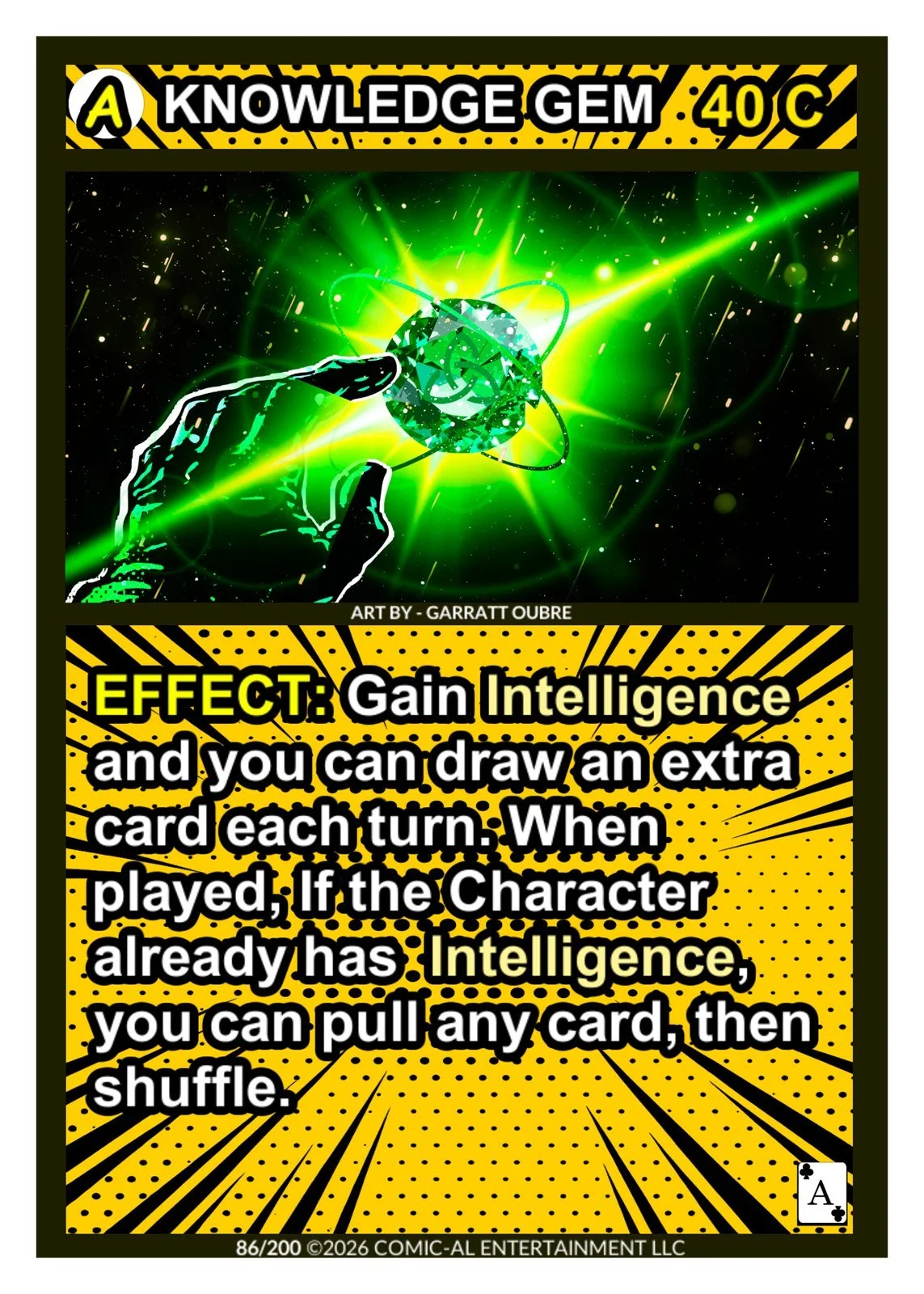A card from a game with a science fiction theme, showing a hand pointing at a glowing, futuristic green crystal surrounded by a cosmic background. The card provides a game effect that grants extra card draws for certain conditions, designed with bold