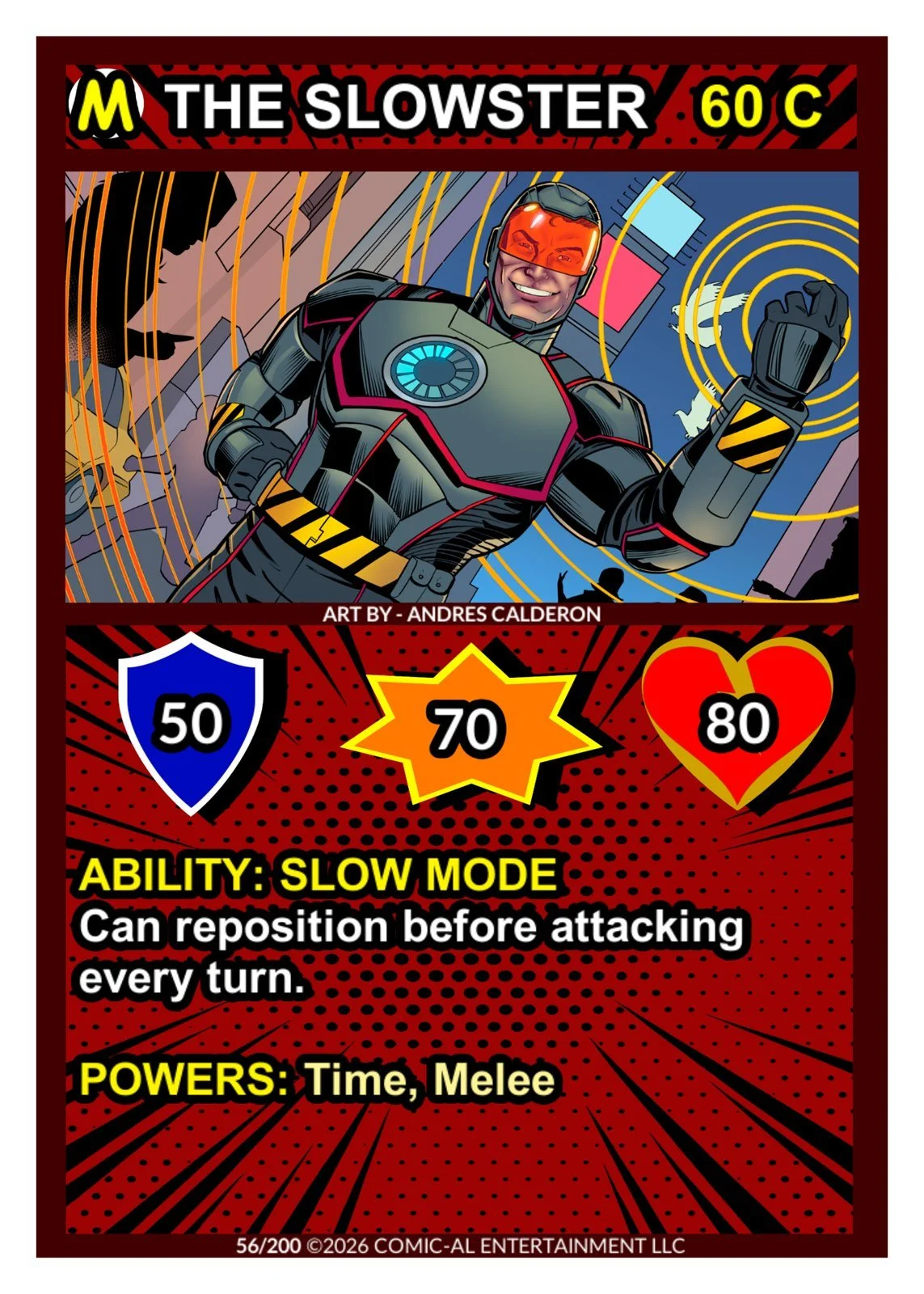 Comic-style card featuring a superhero in a suit with a smile, set against a futuristic background. The card has stats for speed (50), power (70), and health (80), with abilities in slow mode and powers of time and melee.