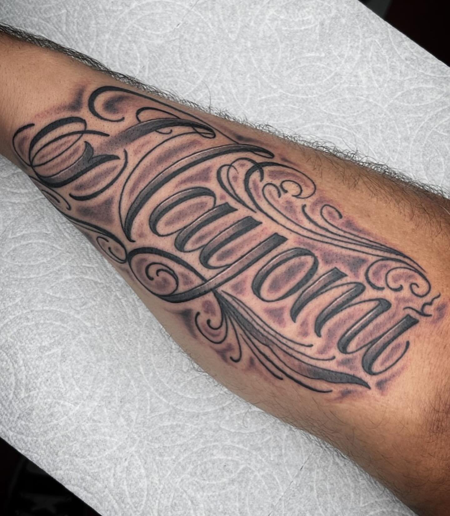 CUSTOM SCRIPT by Mr. @davisinkstattz 
Matt is currently booking October for all your black and grey or script needs! DM or swing into the shop. 

#tattoo #script #lettering #black #blackandgrey #blackandgreytattoo #classic #style