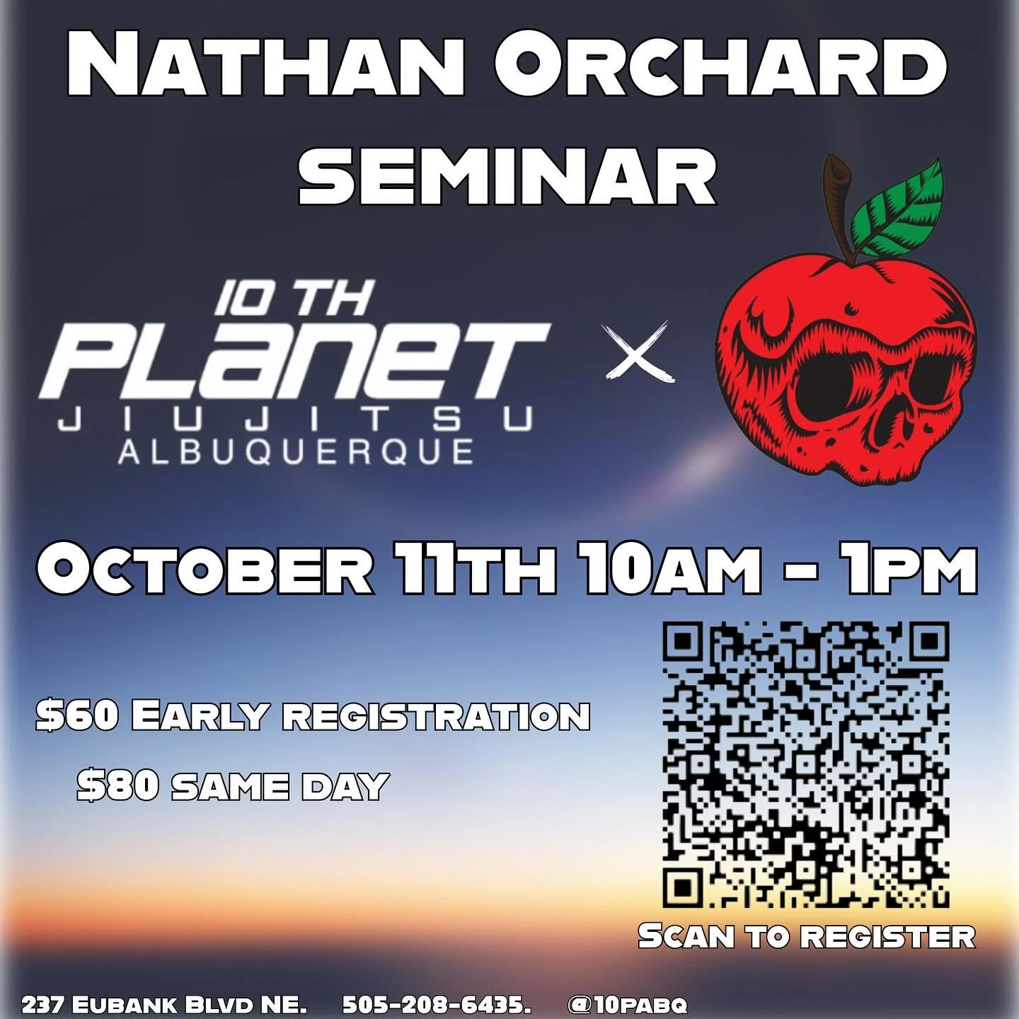 Mark your calendars- the great @nateorch10p returns to the Wild West. 
Registration is open, scan the qr code or hit the link in the bio to secure your spot. 
#10p4l #10wo #nateorchard #deadorchard #abq #505 #jiujitsu #grappling