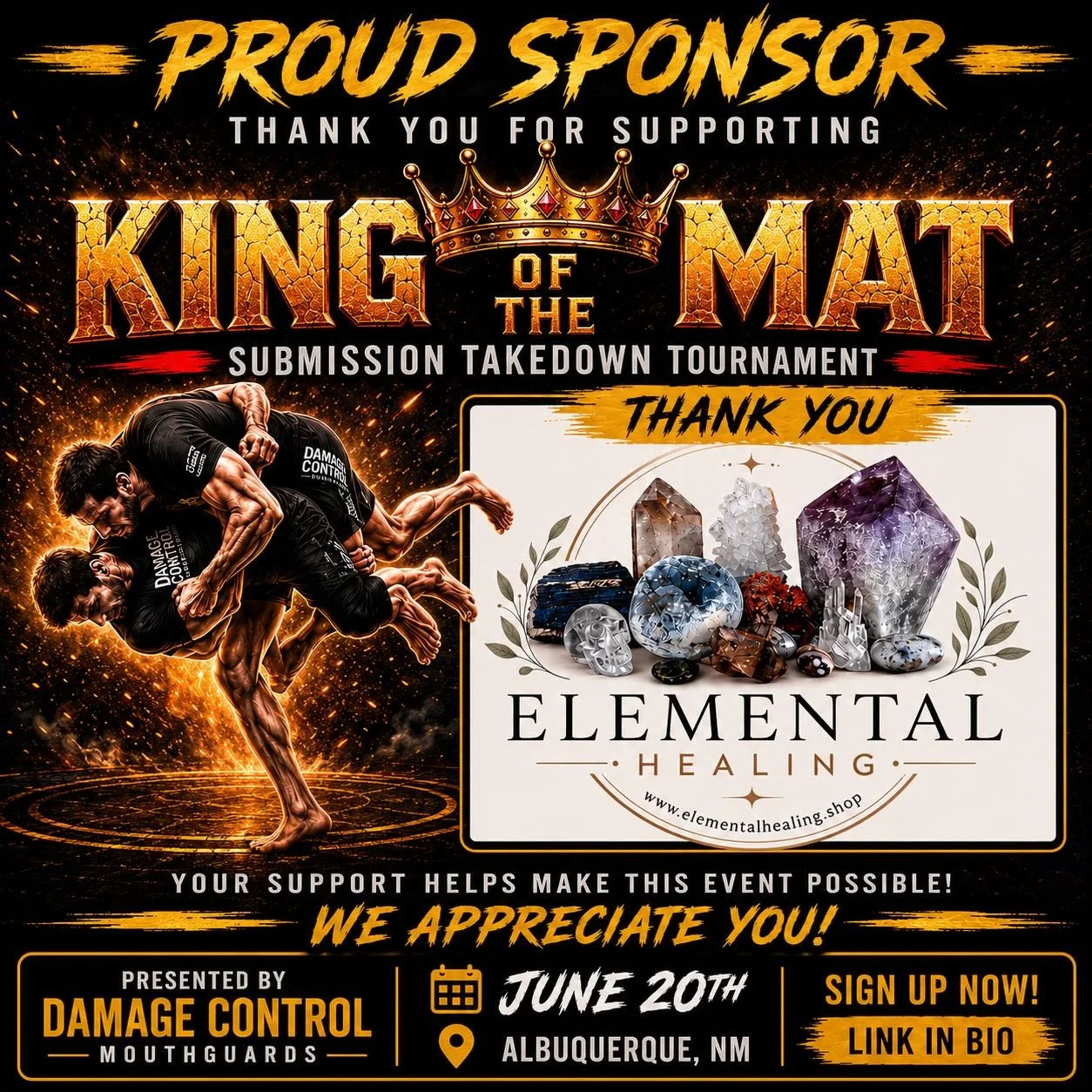 Another huge thank you to @elementalhealing2023 for coming on board as a sponsor for the inaugural King of the Mat Submission Takedown Tournament!

Community support like this is what helps make events like this possible &mdash; building the prize po