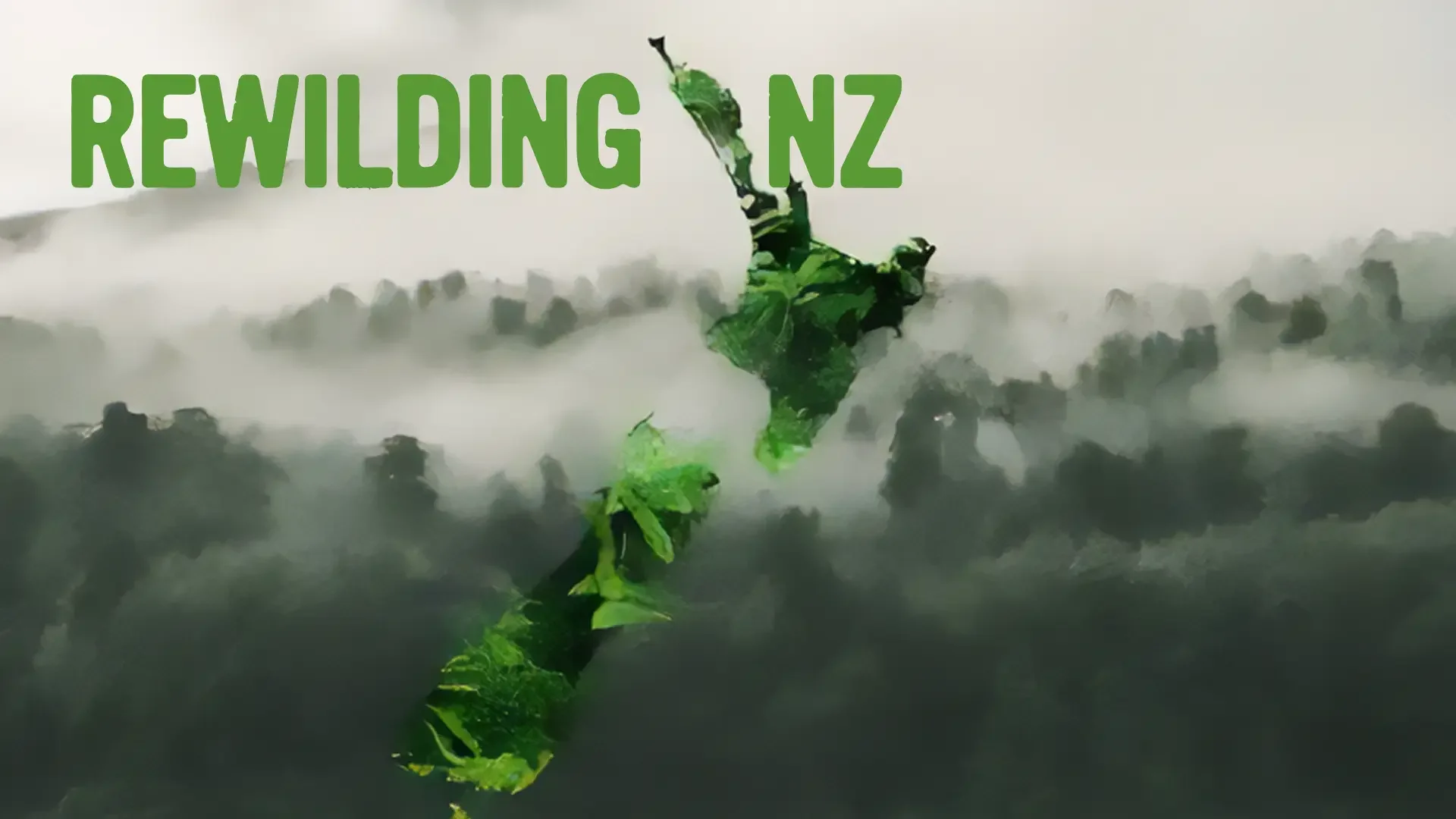 A lush green fern shaped like New Zealand over a cloudy forest background with the text 'Rewilding NZ' in green letters.