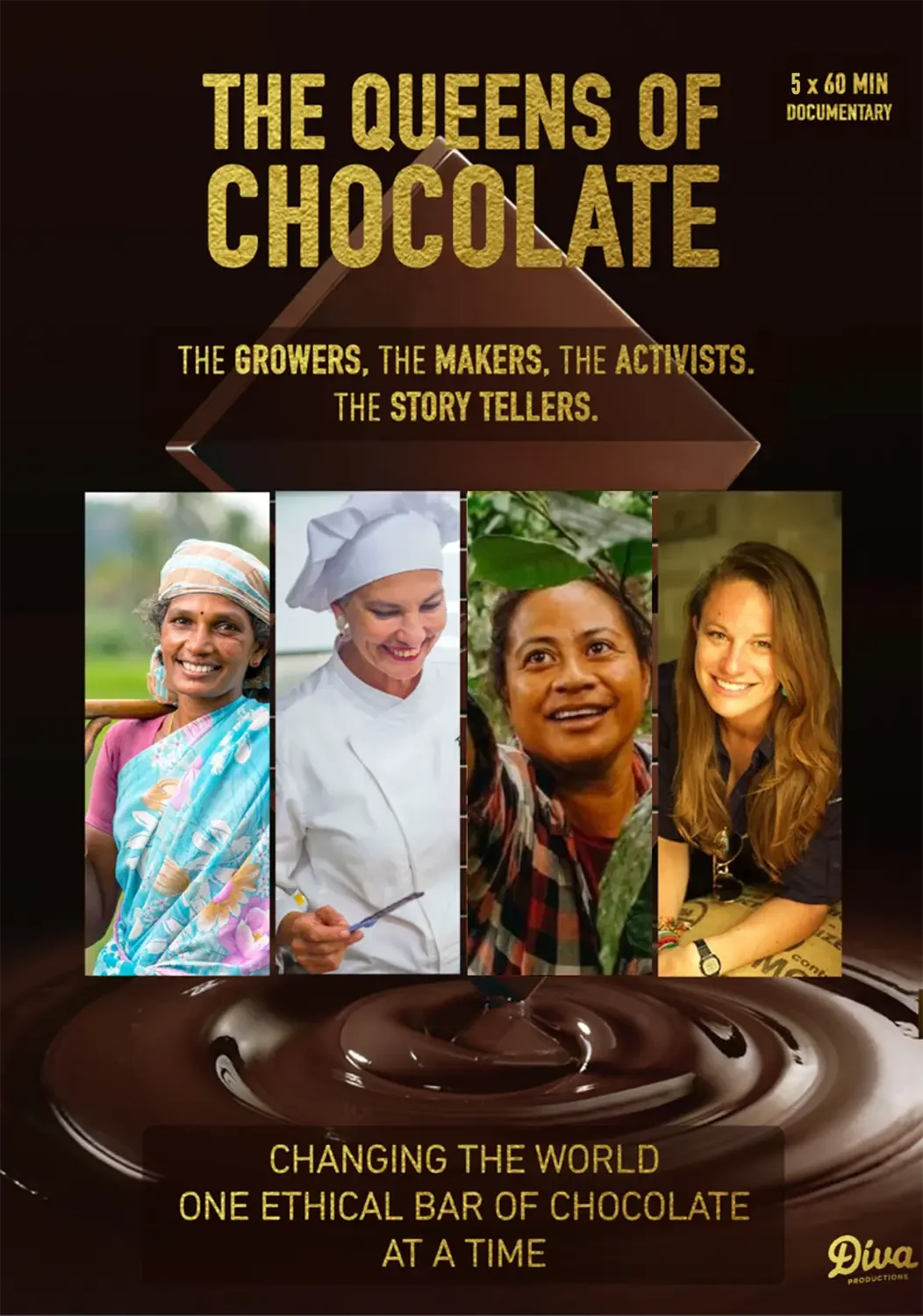 Poster for a documentary titled 'The Queens of Chocolate' featuring four women, including a woman in traditional Indian attire, a chef, a woman in a plaid shirt, and a smiling woman with long hair, with a background of chocolate and a pyramid