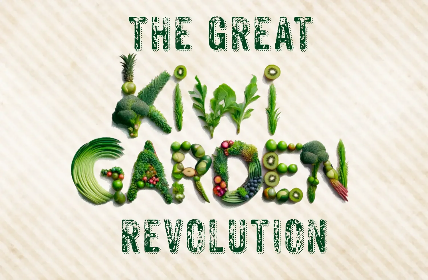 Text reads "The Great Plant Chill Revolution" with the words formed by various green vegetables, fruits, and herbs including broccoli, kiwi, cucumber, and leafy greens, arranged on a light background.