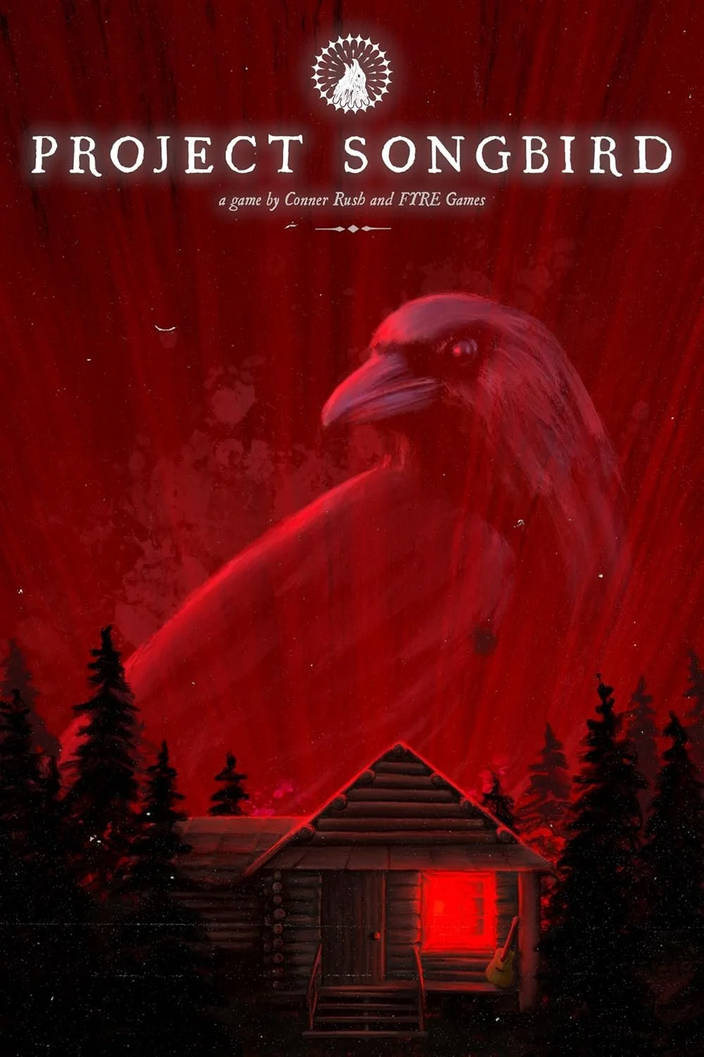 Cover art for the game 'Project Songbird' featuring a large, red, bird with a human face, standing over a wooden cabin in a forest at night with a dark red sky and stars.