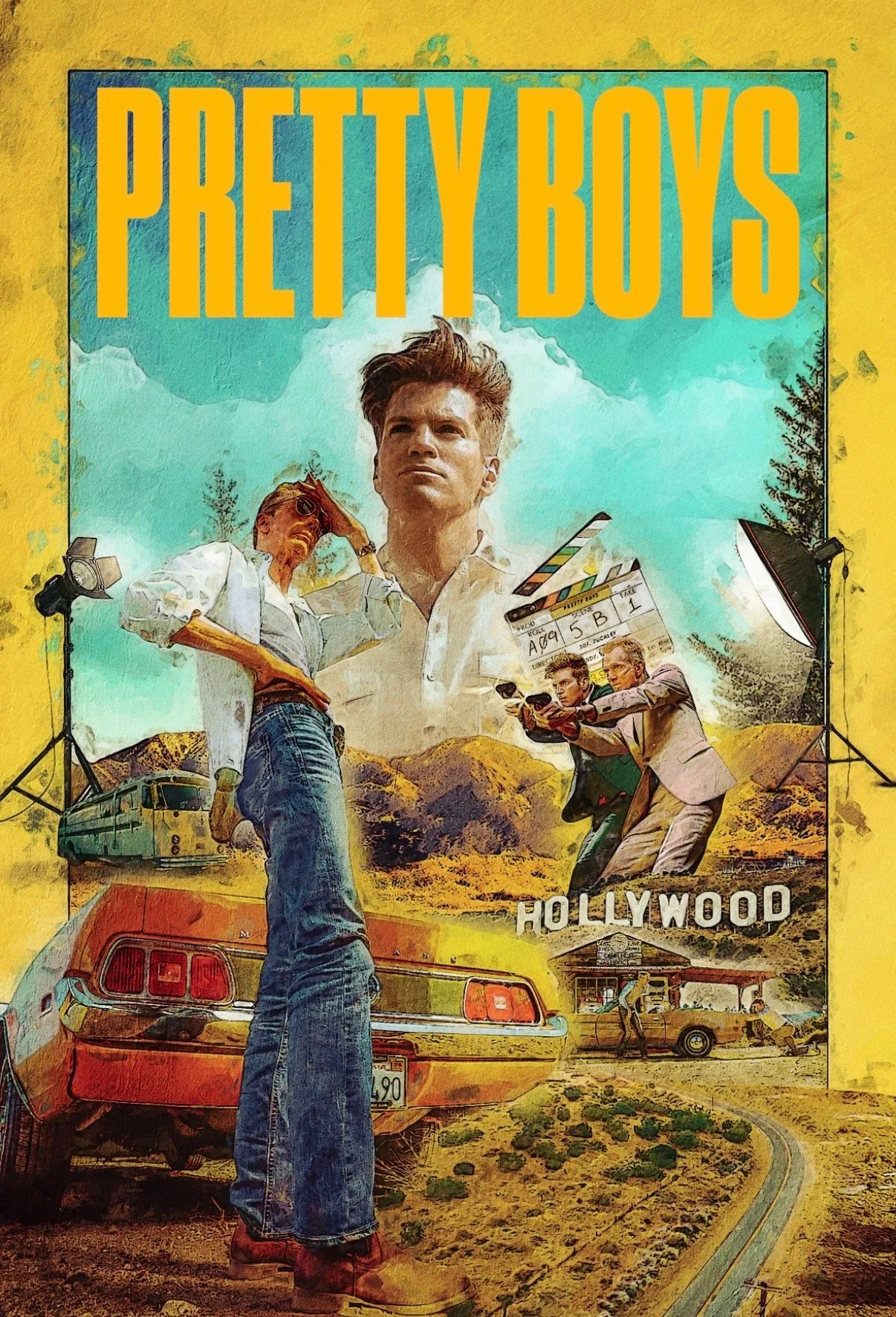 A colorful movie poster for 'Pretty Boys' featuring a young man with styled hair at the center, surrounded by scenes of Hollywood filming, a scenic road, vintage cars, a woman with a white shirt and jeans, filming equipment, and a Hollywood sign, all